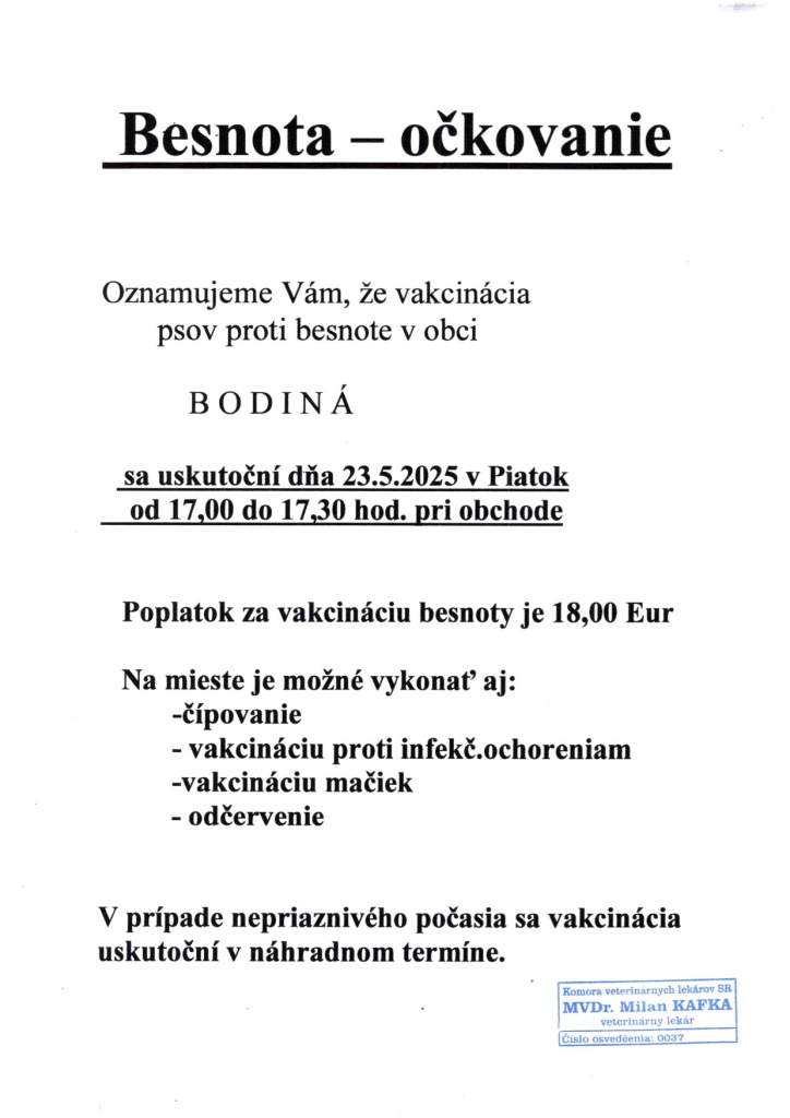 Obec Bodiná | Besnota očkovanie